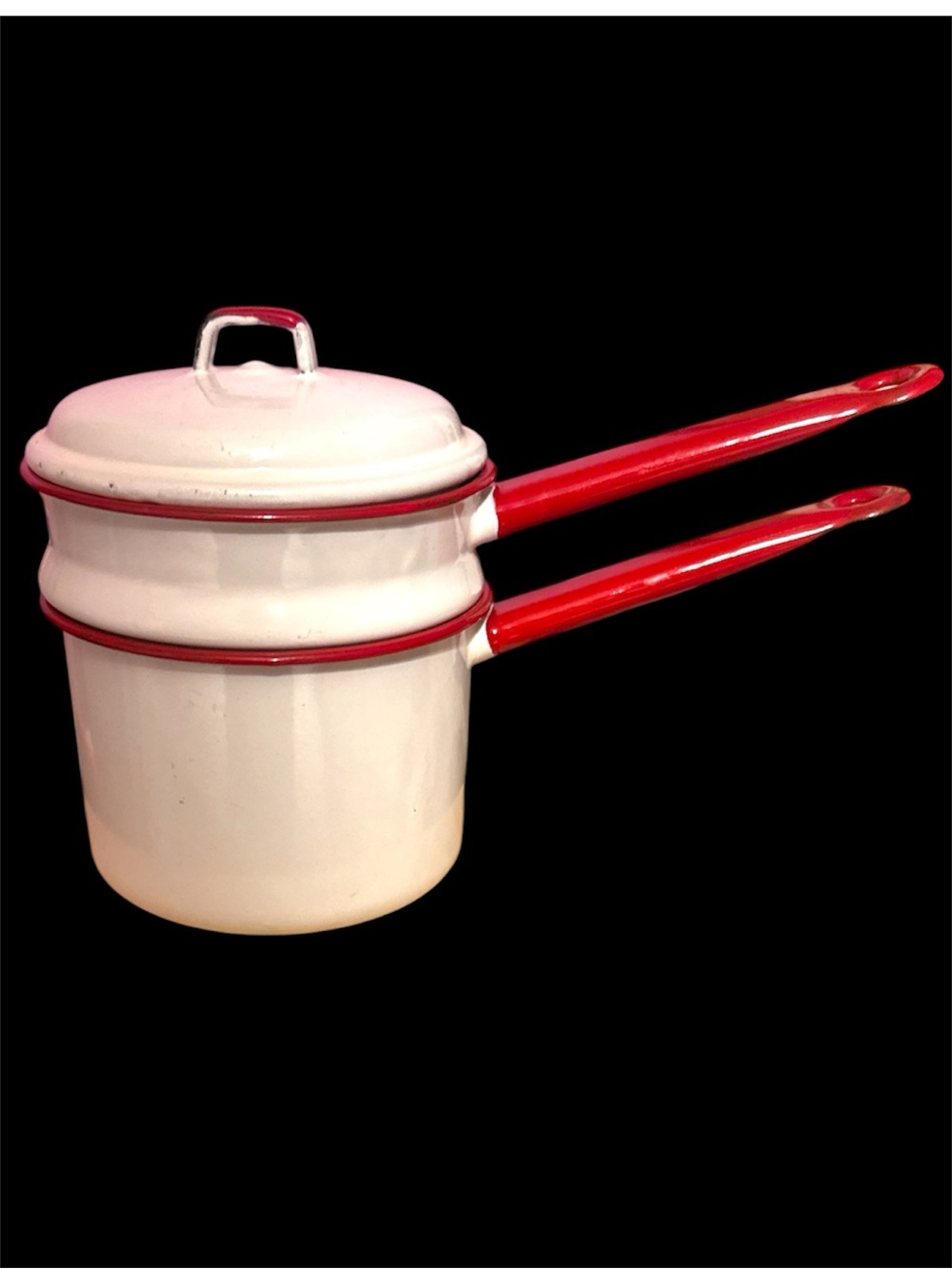 Vintage Enamelware Double Boiler Red White w/ Lid Farmhouse Kitchen